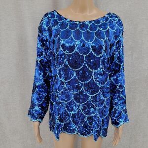 Isabelle 80s Vintage Silk Beaded Sequin Blouse Mermaid Fishscale Pattern Blue